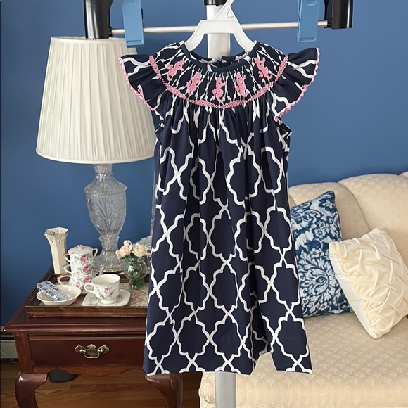 ❤️🤍💙 Hand Smocked Seahorses Navy and Pink Patterned Dress - Picture 1 of 7